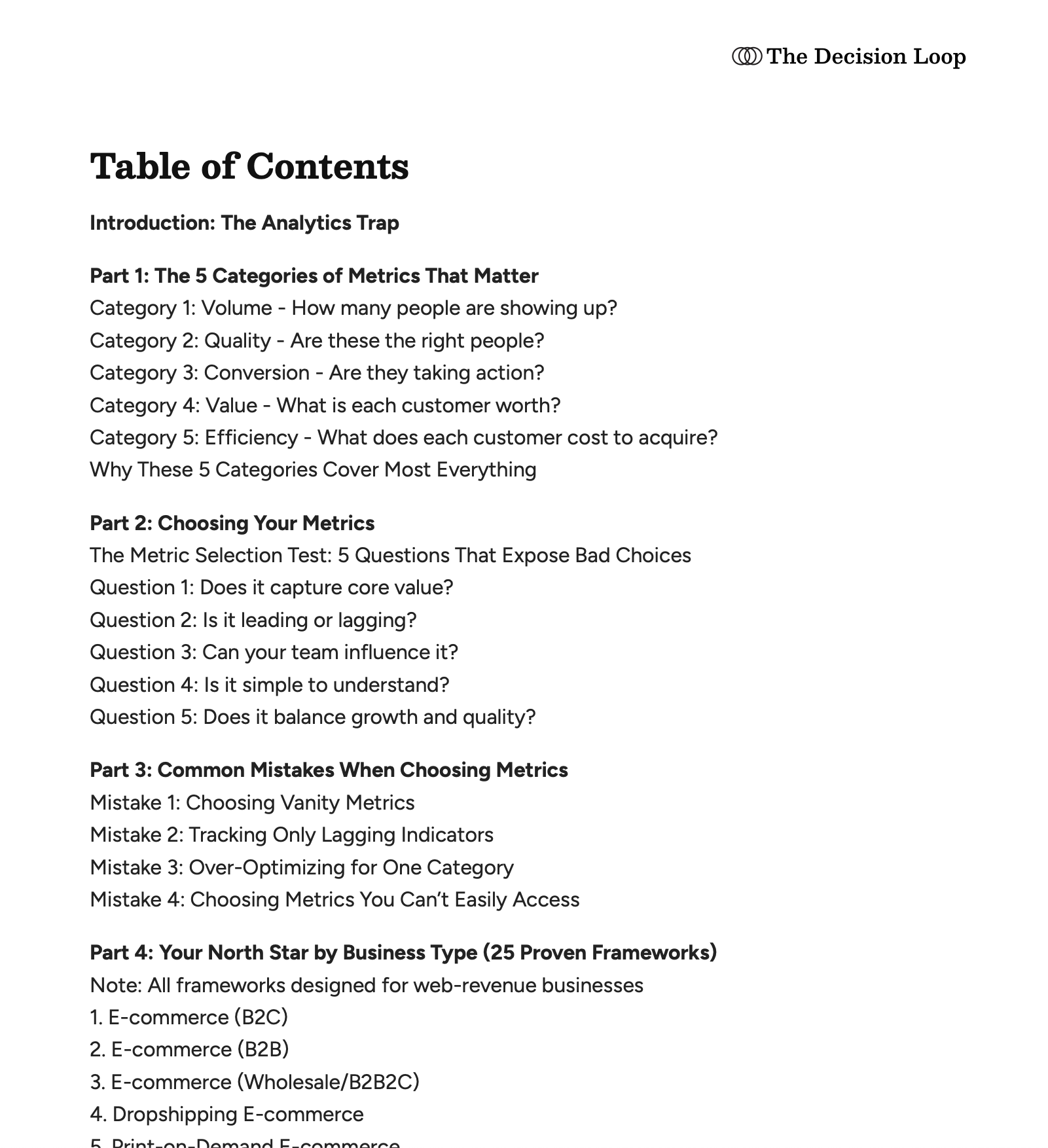 North Star table of contents